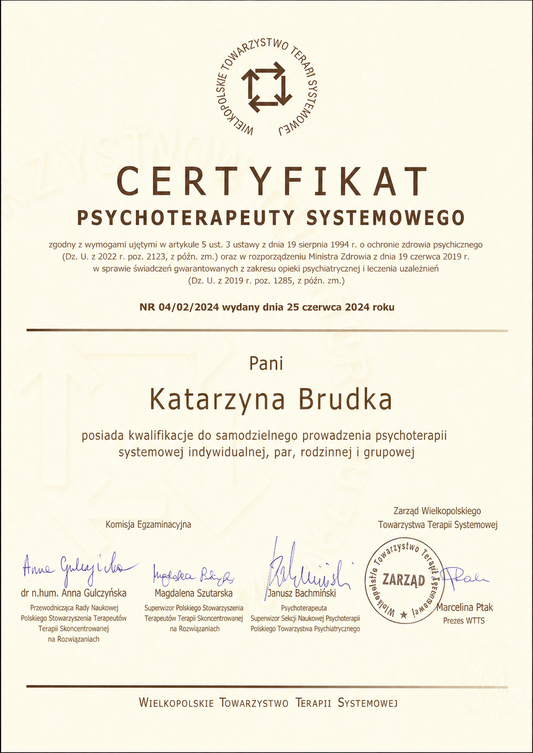 Certyfikat Psychoterapeuty Systemowego WTTS