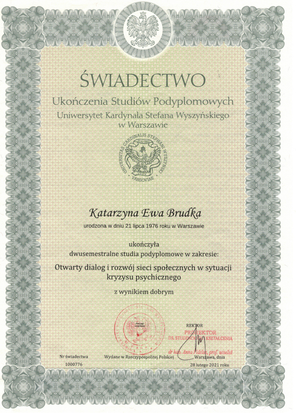 Dyplom studiów podyplomowych Otwarty Dialog