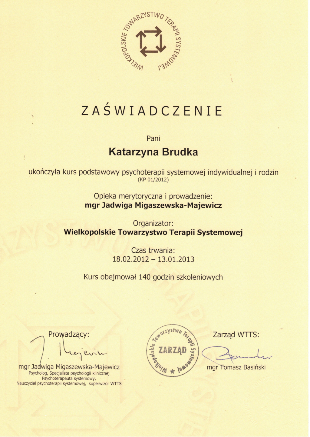 Zaświadczenie Podstawowa psychoterapia