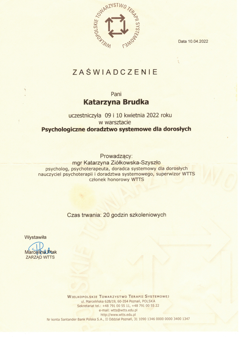 Zaświadczenie Psychologiczne doradztwo