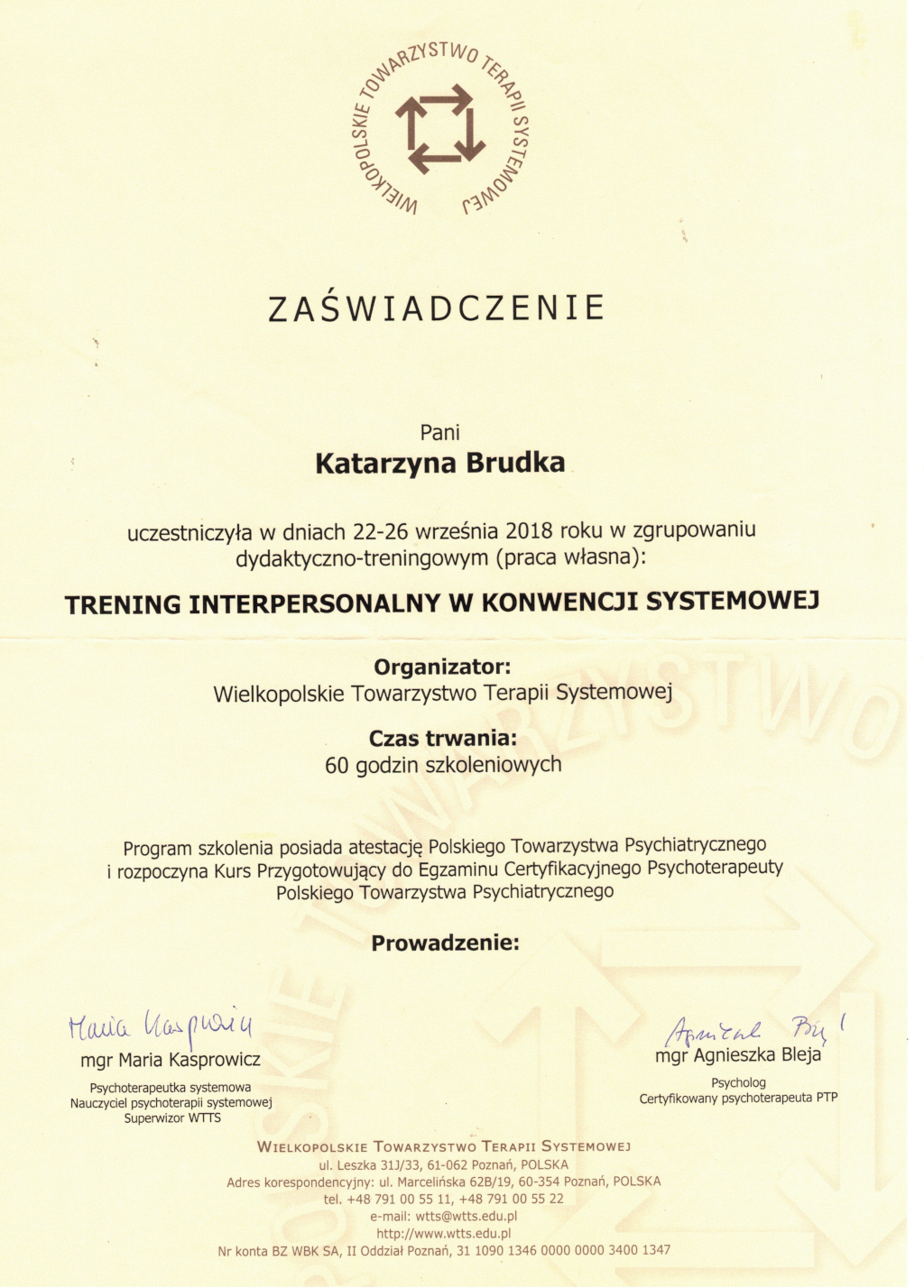 Zaświadczenie Trening interpersonalny