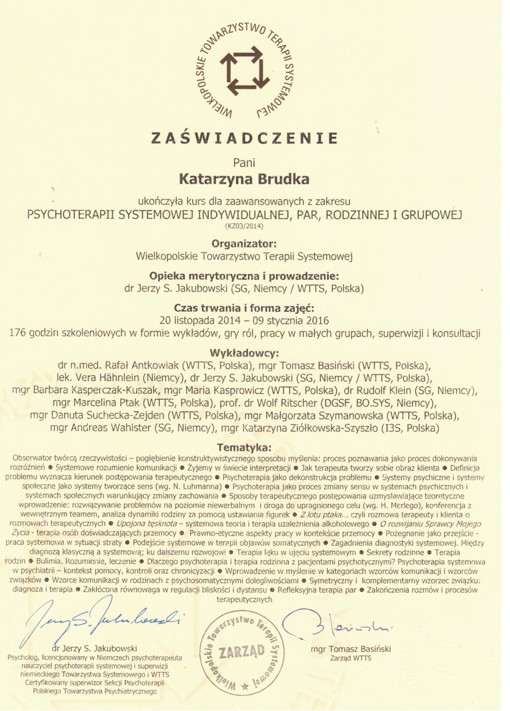 Zaświadczenie Zaawansowana psychoterapia